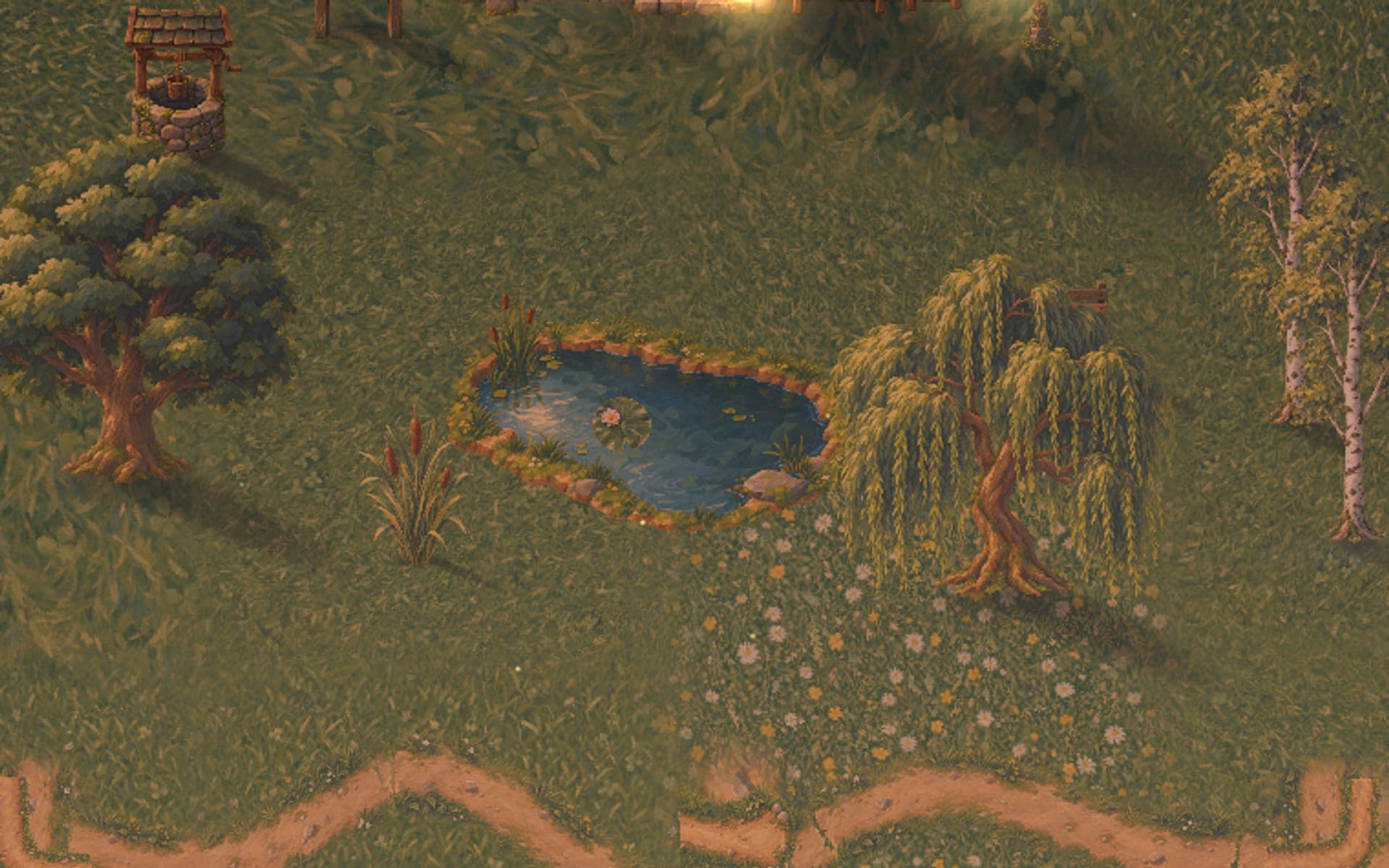 The valley at dusk, seen from above: a pond, a willow, and the paths across the commons