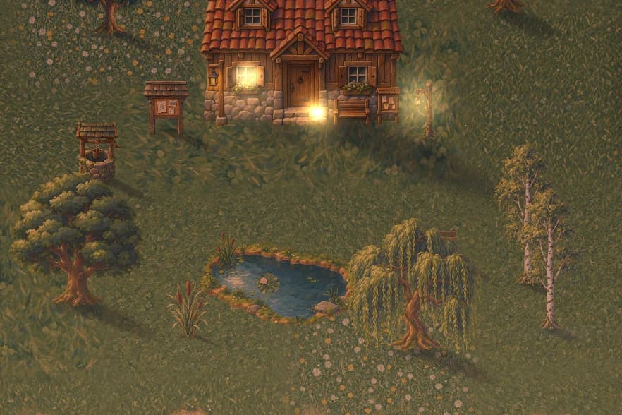The commons at dusk: the shepherd's cottage with its windows lit and a lantern burning at the door, a well, an old tree, a pond with a willow leaning over it