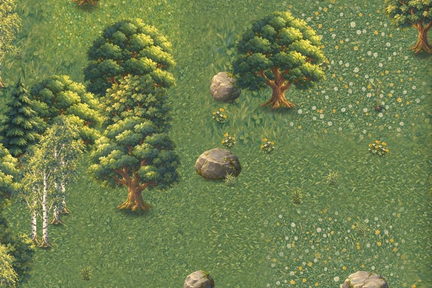 Open meadow at mid-morning: birches and a stand of firs at one edge, two broad trees, mossy boulders, and drifts of yellow and white flowers across unclaimed grass