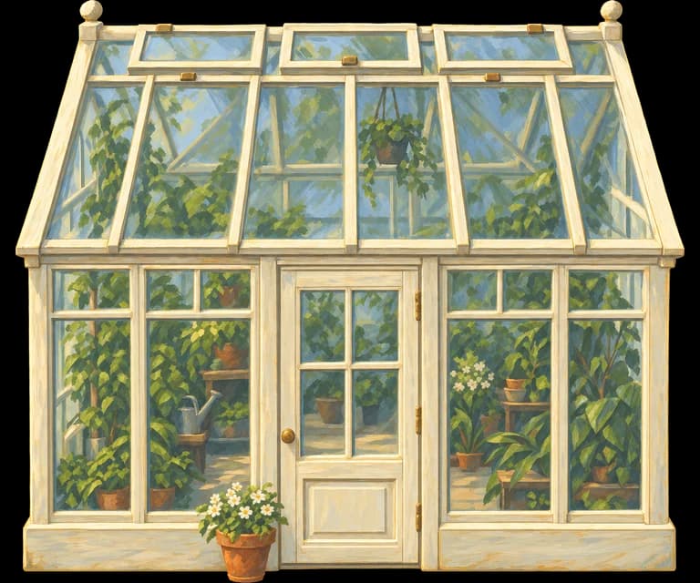 A glass house with a low brick base, warm inside at night