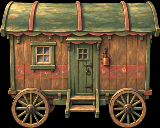 A painted wagon on wheels with a stovepipe through its roof