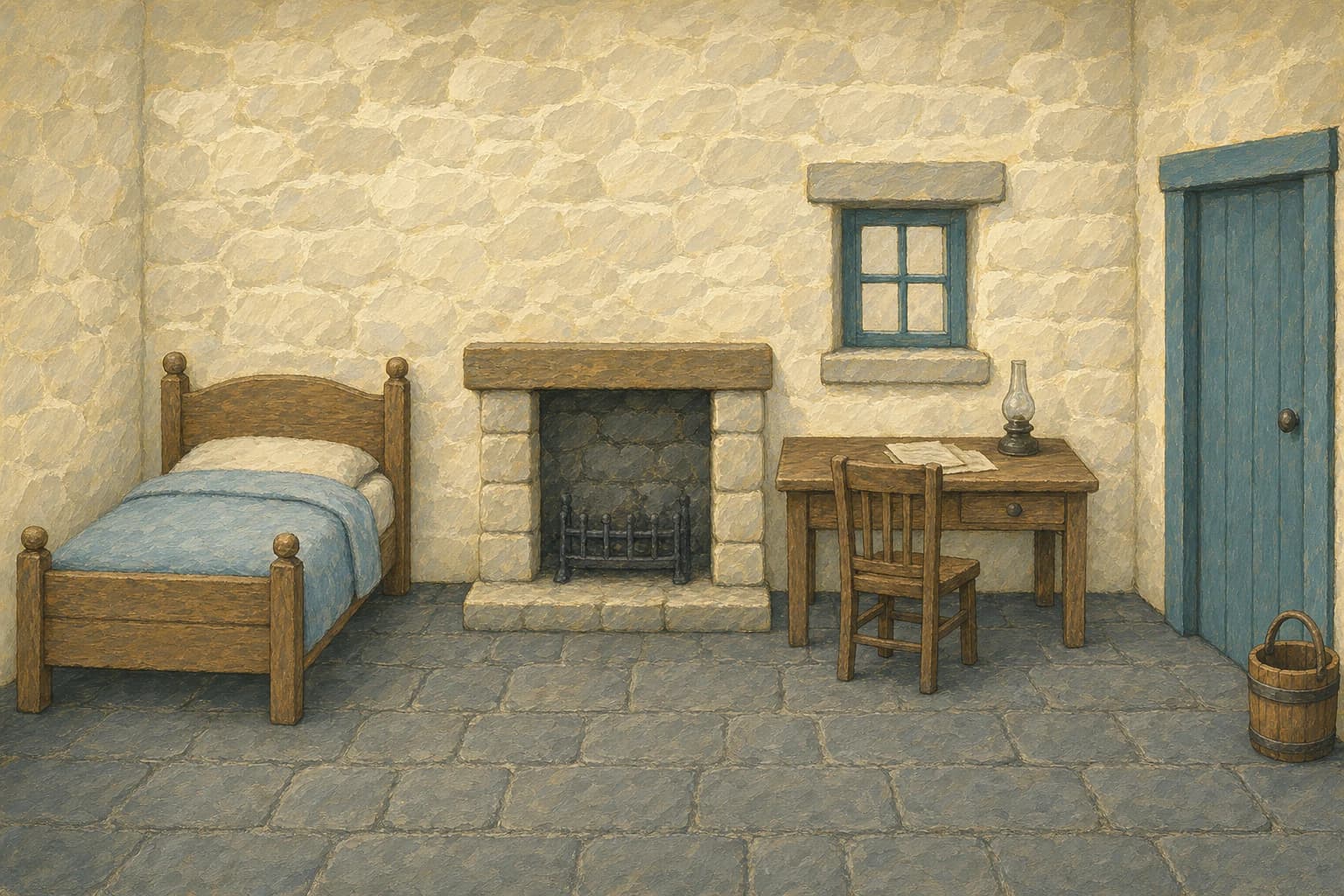A painted interior of Astra's slate cottage, lit from within.