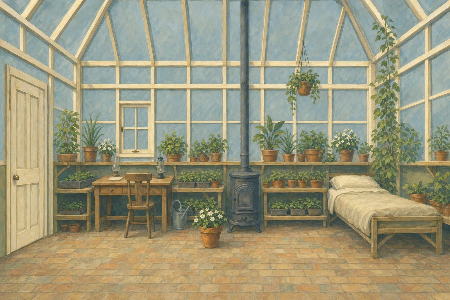 A painted interior of Wren's greenhouse, lit from within.