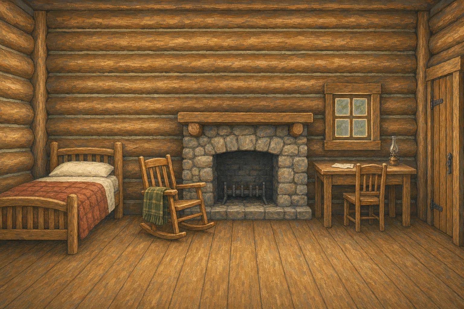 A painted interior of Thistle's porch cabin, lit from within.