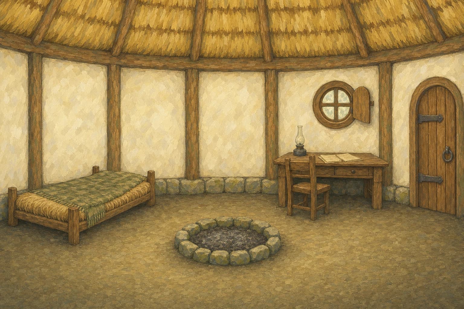A painted interior of Luna's small timber shed, lit from within.