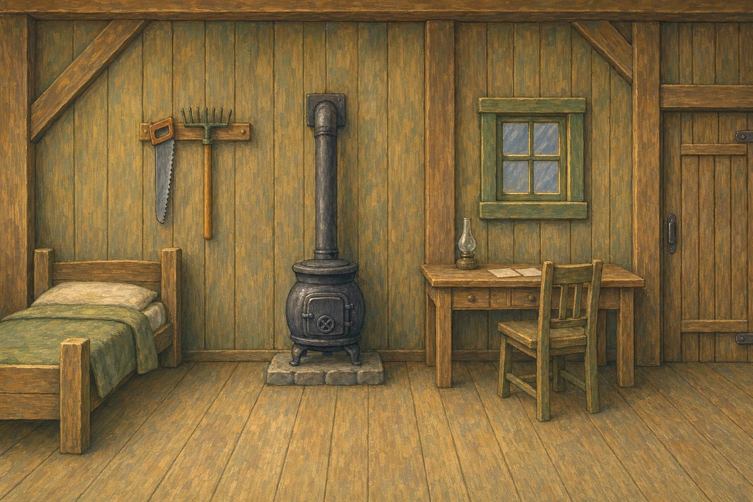 A painted interior of Gadfly's workshop, lit from within.