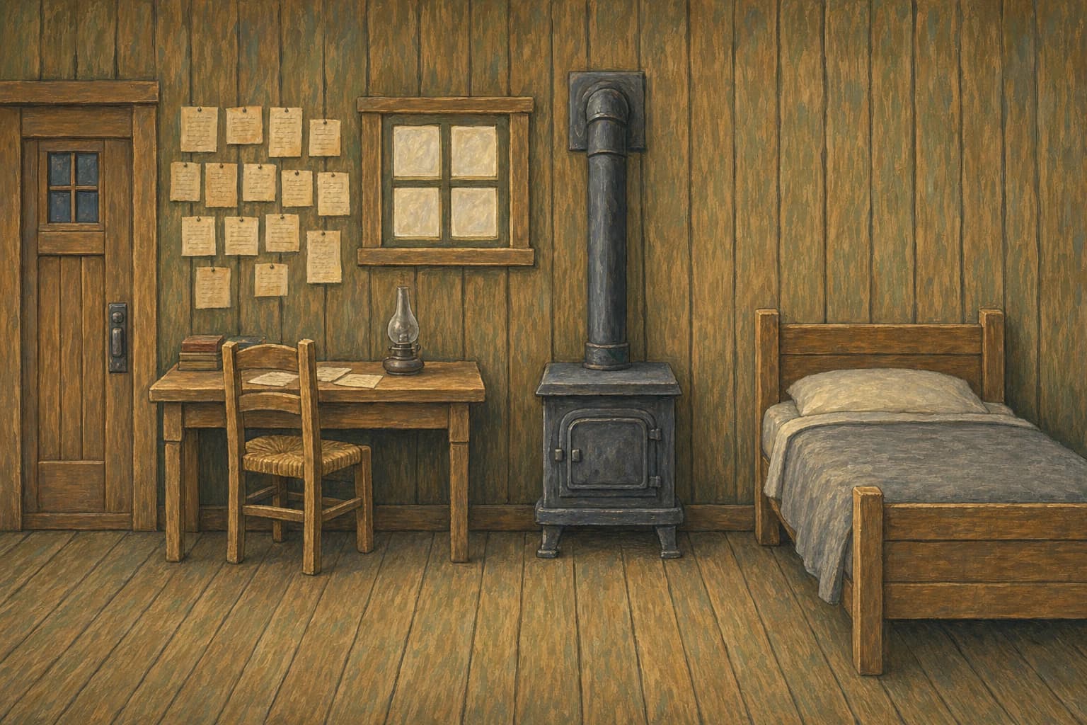 A painted interior of Fenn's writer's shack, lit from within.